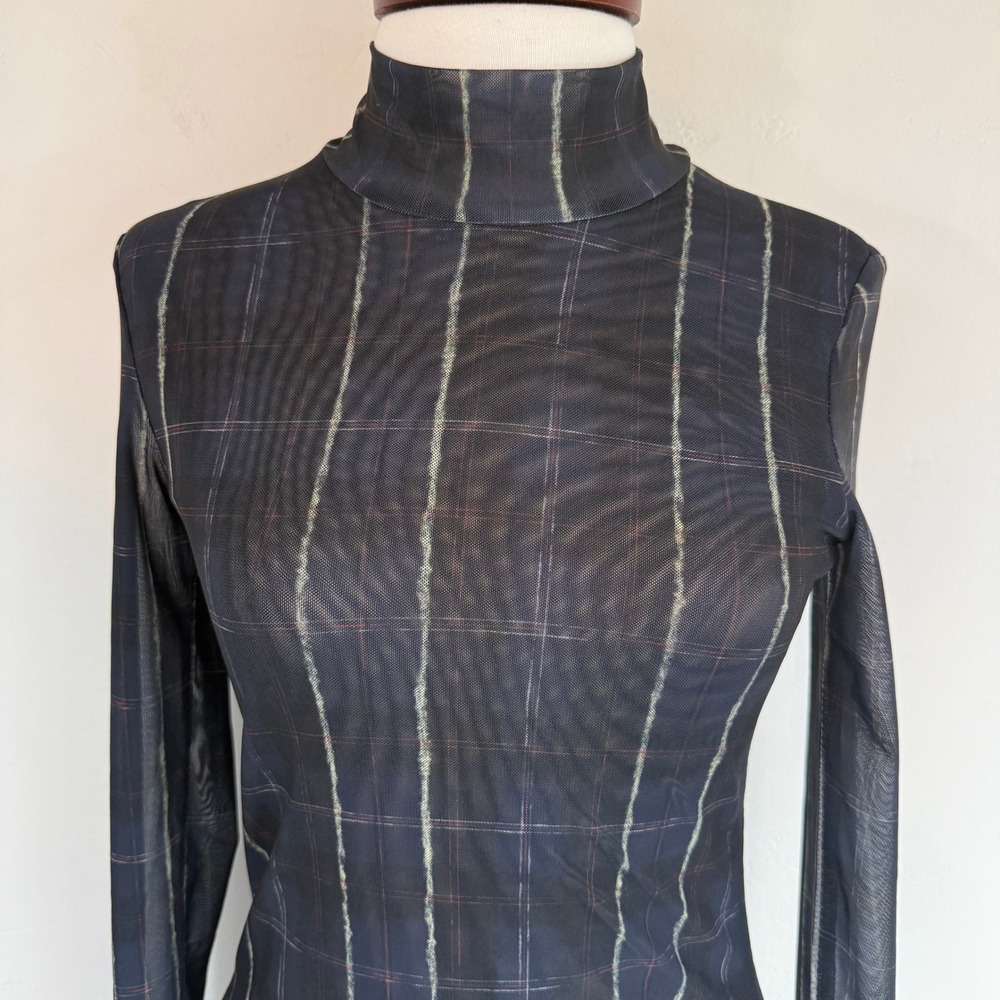 Baum Und Pferdgarten Jodi Plaid Mesh Top Mock Neck Sheer Long Sleeve Scandi S - Picture 4 of 15